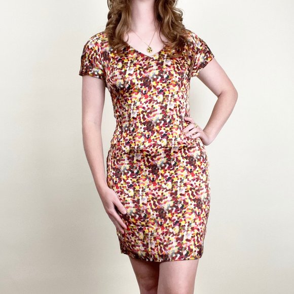 Vintage 100% Silk Kaleidoscope Multicolor Short Sleeve Mini Fitted Sheath Dress - Picture 8 of 8